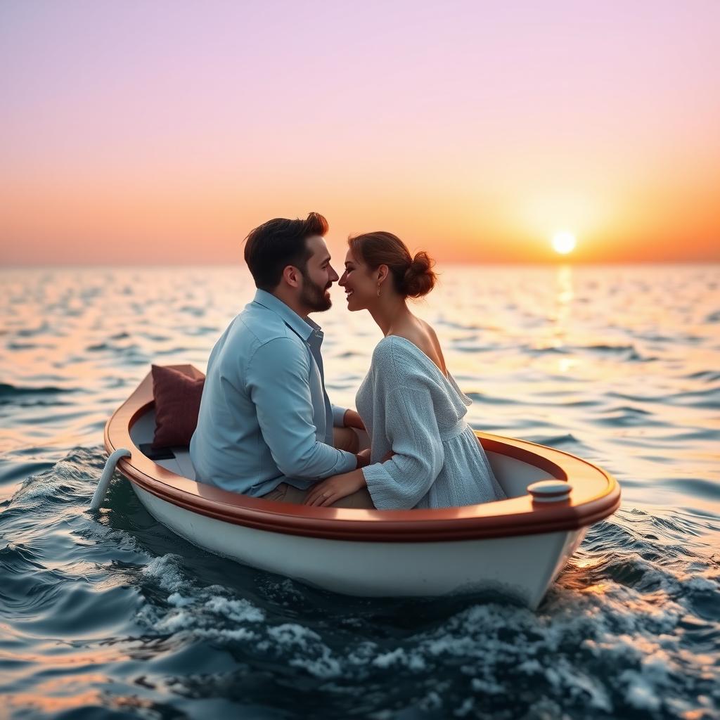 A romantic scene of a couple in the middle of a tranquil sea, gazing deeply into each other's eyes