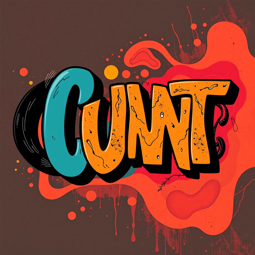 An avant-garde abstract representation of the word 'Cunt' using bold typography, featuring striking contrasts of colors, and layered textures