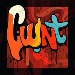 An avant-garde abstract representation of the word 'Cunt' using bold typography, featuring striking contrasts of colors, and layered textures