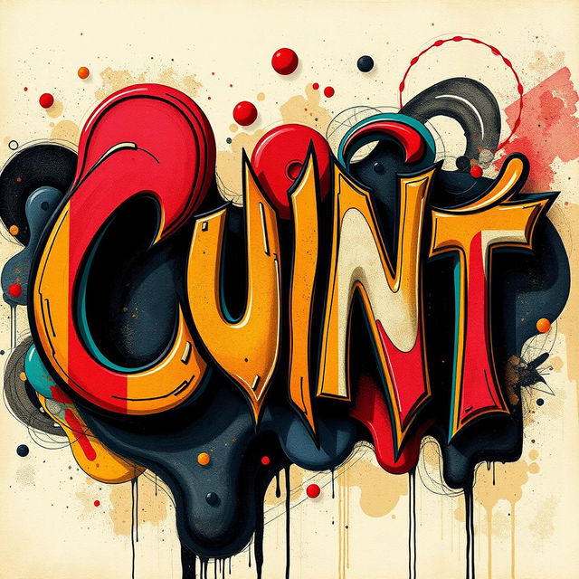 An avant-garde abstract representation of the word 'Cunt' using bold typography, featuring striking contrasts of colors, and layered textures