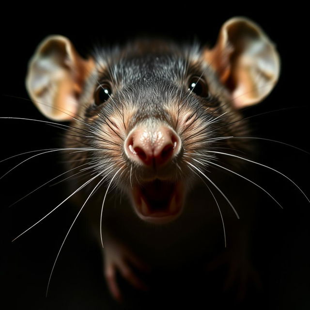 A close-up of a rat's face that is about to attack, showcasing its sharp teeth, intense expression, and wide eyes filled with aggression