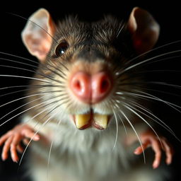 A close-up of a rat's face that is about to attack, showcasing its sharp teeth, intense expression, and wide eyes filled with aggression