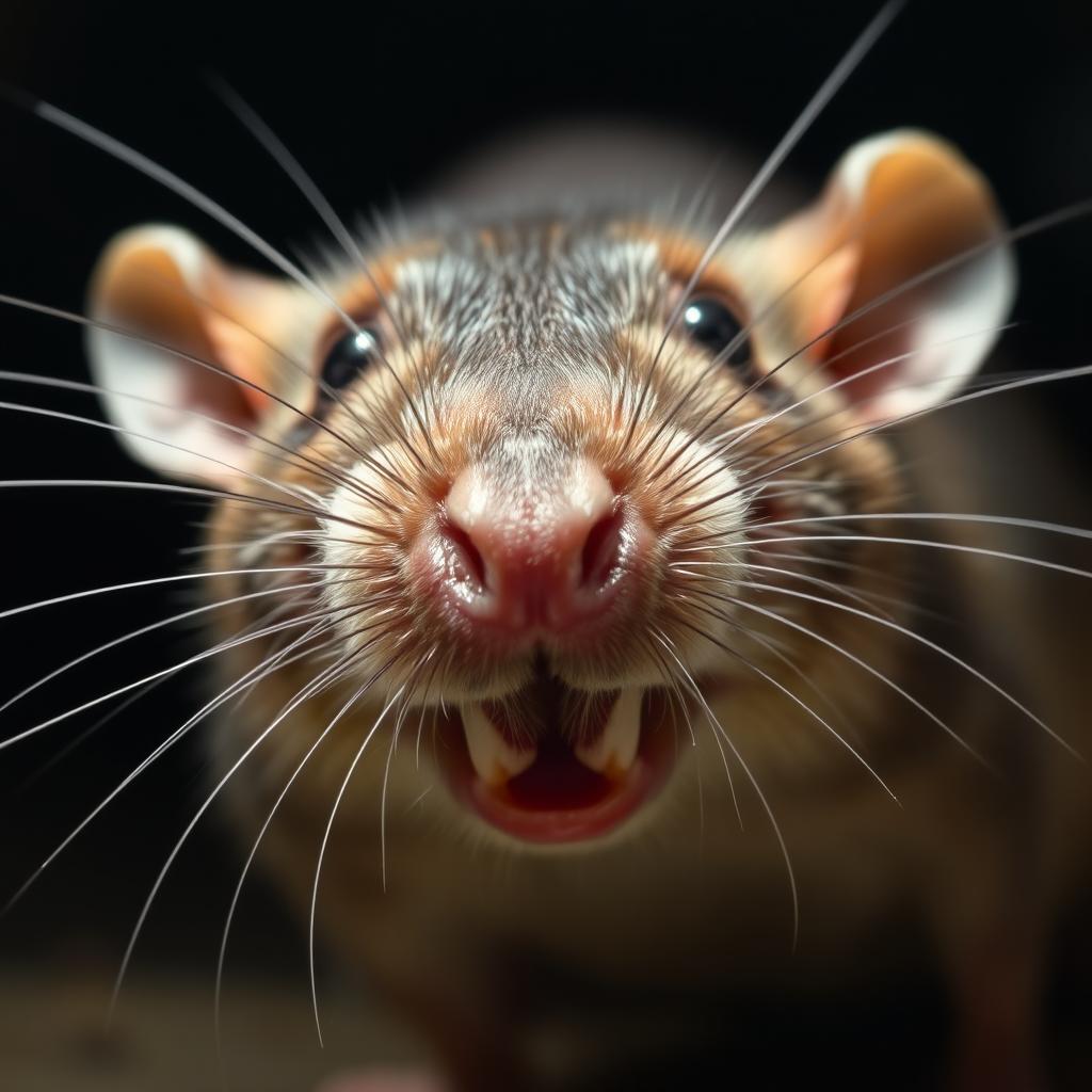 A close-up of a rat's face that is about to attack, showcasing its sharp teeth, intense expression, and wide eyes filled with aggression