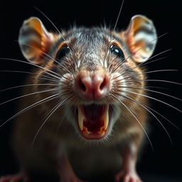 A close-up of a rat's face that is about to attack, showcasing its sharp teeth, intense expression, and wide eyes filled with aggression