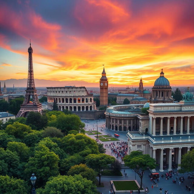 A breathtaking panoramic view capturing iconic European monuments, including the Eiffel Tower in Paris, the Colosseum in Rome, Big Ben in London, the Sagrada Familia in Barcelona, and the Brandenburg Gate in Berlin