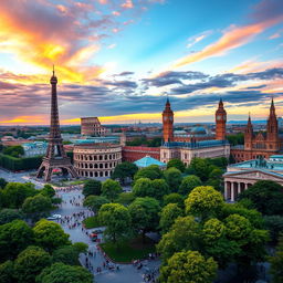 A breathtaking panoramic view capturing iconic European monuments, including the Eiffel Tower in Paris, the Colosseum in Rome, Big Ben in London, the Sagrada Familia in Barcelona, and the Brandenburg Gate in Berlin