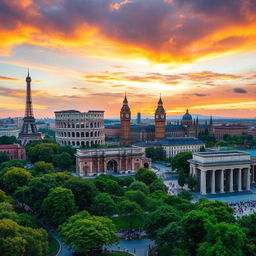 A breathtaking panoramic view capturing iconic European monuments, including the Eiffel Tower in Paris, the Colosseum in Rome, Big Ben in London, the Sagrada Familia in Barcelona, and the Brandenburg Gate in Berlin