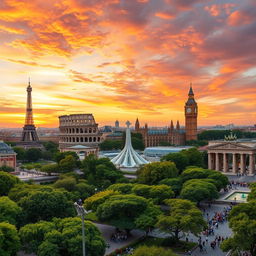 A breathtaking panoramic view capturing iconic European monuments, including the Eiffel Tower in Paris, the Colosseum in Rome, Big Ben in London, the Sagrada Familia in Barcelona, and the Brandenburg Gate in Berlin