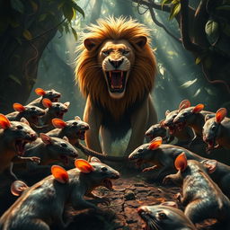 A dramatic scene depicting a fierce battle between ten rats and a lion