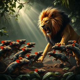 A dramatic scene depicting a fierce battle between ten rats and a lion