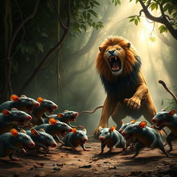 A dramatic scene depicting a fierce battle between ten rats and a lion