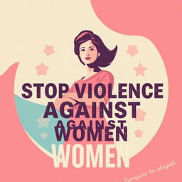 A powerful and impactful poster against violence towards women, featuring a symbolic image of a woman standing strong with a determined expression, surrounded by a soft yet striking color palette of pinks and blues