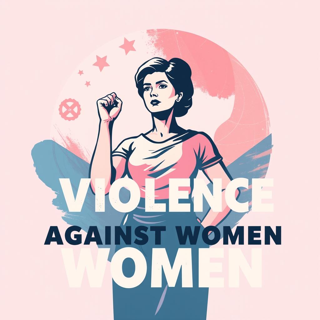 A powerful and impactful poster against violence towards women, featuring a symbolic image of a woman standing strong with a determined expression, surrounded by a soft yet striking color palette of pinks and blues