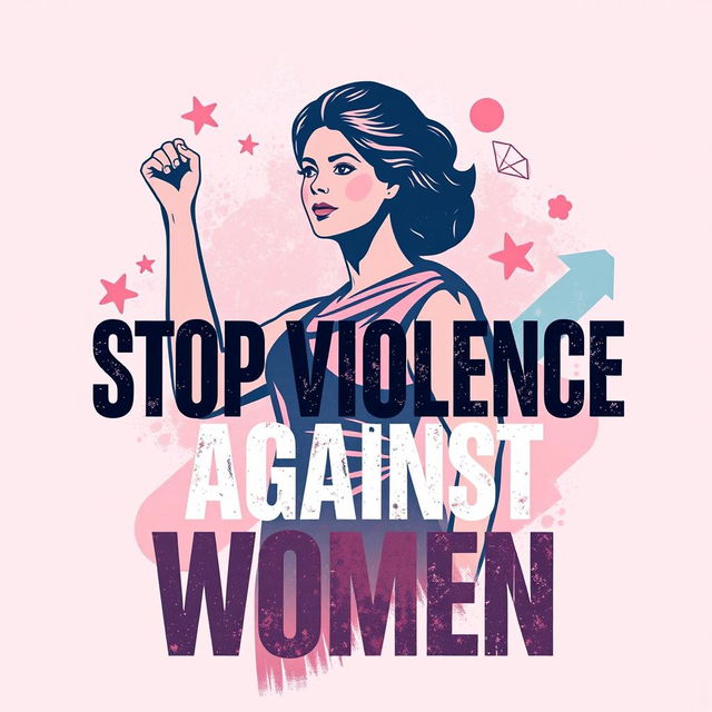 A powerful and impactful poster against violence towards women, featuring a symbolic image of a woman standing strong with a determined expression, surrounded by a soft yet striking color palette of pinks and blues