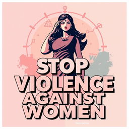 A powerful and impactful poster against violence towards women, featuring a symbolic image of a woman standing strong with a determined expression, surrounded by a soft yet striking color palette of pinks and blues