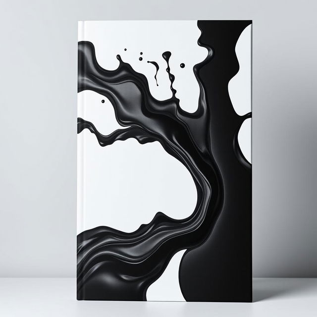 A book cover design featuring a black color palette, showcasing an abstract representation where the image resembles flowing black liquid art, creating shapes and textures similar to a splash or wave, with intricate patterns and a sense of depth