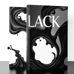 A book cover design featuring a black color palette, showcasing an abstract representation where the image resembles flowing black liquid art, creating shapes and textures similar to a splash or wave, with intricate patterns and a sense of depth