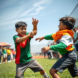 A dynamic scene depicting a competitive moment where a Bangladeshi boy, wearing a vibrant green and red jersey featuring the Bangladesh flag, is cheerfully playfully dominating a duel with an Indian boy, who is dressed in clothes reflecting the tricolor of India – saffron, white, and green