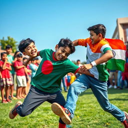 A dynamic scene depicting a competitive moment where a Bangladeshi boy, wearing a vibrant green and red jersey featuring the Bangladesh flag, is cheerfully playfully dominating a duel with an Indian boy, who is dressed in clothes reflecting the tricolor of India – saffron, white, and green
