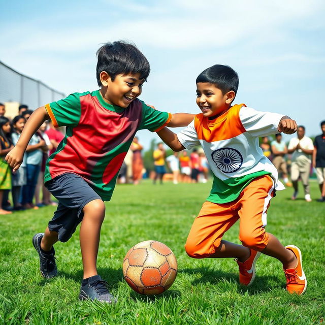 A dynamic scene depicting a competitive moment where a Bangladeshi boy, wearing a vibrant green and red jersey featuring the Bangladesh flag, is cheerfully playfully dominating a duel with an Indian boy, who is dressed in clothes reflecting the tricolor of India – saffron, white, and green