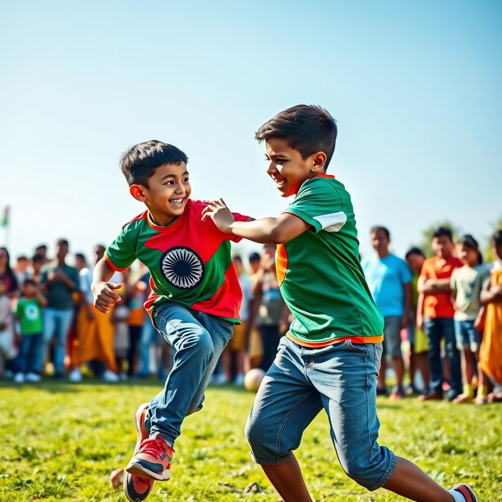 A dynamic scene depicting a competitive moment where a Bangladeshi boy, wearing a vibrant green and red jersey featuring the Bangladesh flag, is cheerfully playfully dominating a duel with an Indian boy, who is dressed in clothes reflecting the tricolor of India – saffron, white, and green