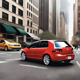 A high-resolution digital art image featuring a Volkswagen Golf IV parked on a bustling New York street