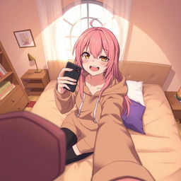 An anime-style scene inspired by the series 'Noragami', featuring the character Ikki Hiyori with light chestnut brown eyes and pink hair