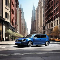 A high-resolution digital art image featuring a Volkswagen Golf IV parked on a bustling New York street