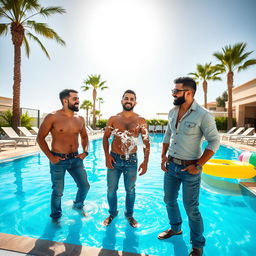 A group of three Syrian men in stylish, casual jeans, enjoying a sunny day by a luxurious outdoor swimming pool