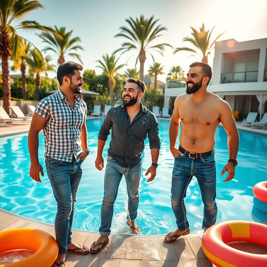 A group of three Syrian men in stylish, casual jeans, enjoying a sunny day by a luxurious outdoor swimming pool