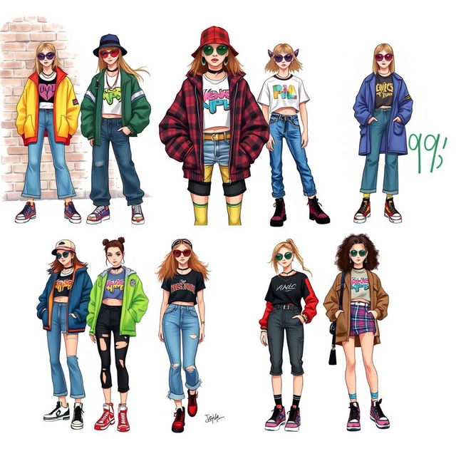 A collection of 10 fashion drawings featuring runway looks inspired by 90s street style