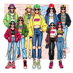 A collection of 10 fashion drawings featuring runway looks inspired by 90s street style