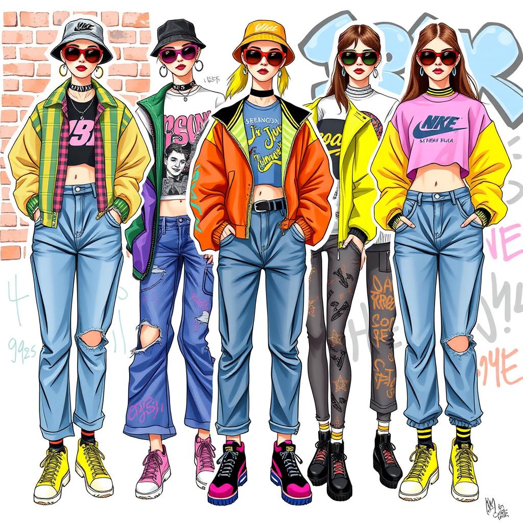 A collection of 10 fashion drawings featuring runway looks inspired by 90s street style