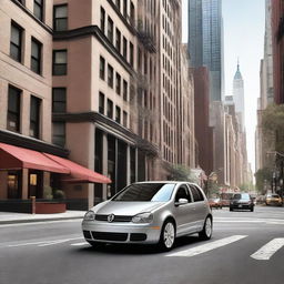 A high-resolution digital art image featuring a Volkswagen Golf IV parked on a bustling New York street