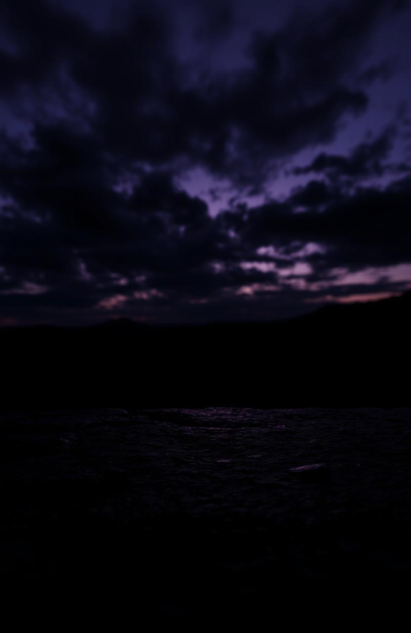 A mysterious dark landscape under a twilight sky, with swirling black clouds that suggest an ambiance of intrigue and depth