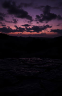 A mysterious dark landscape under a twilight sky, with swirling black clouds that suggest an ambiance of intrigue and depth