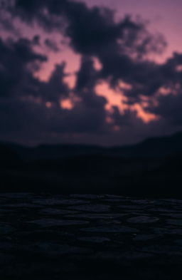 A mysterious dark landscape under a twilight sky, with swirling black clouds that suggest an ambiance of intrigue and depth