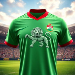 A detailed and vibrant image of the Iraq national soccer team shirt featuring the iconic Lion of Babylon intricately engraved on the front