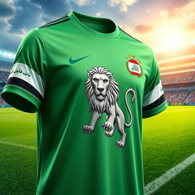 A detailed and vibrant image of the Iraq national soccer team shirt featuring the iconic Lion of Babylon intricately engraved on the front