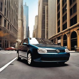 A high-resolution digital art image featuring a Volkswagen Golf IV parked on a bustling New York street