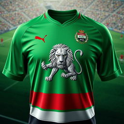A detailed and vibrant image of the Iraq national soccer team shirt featuring the iconic Lion of Babylon intricately engraved on the front