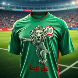 A detailed and vibrant image of the Iraq national soccer team shirt featuring the iconic Lion of Babylon intricately engraved on the front