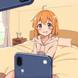 An anime-style scene with a simple drawing aesthetic, viewed from the perspective of a phone camera