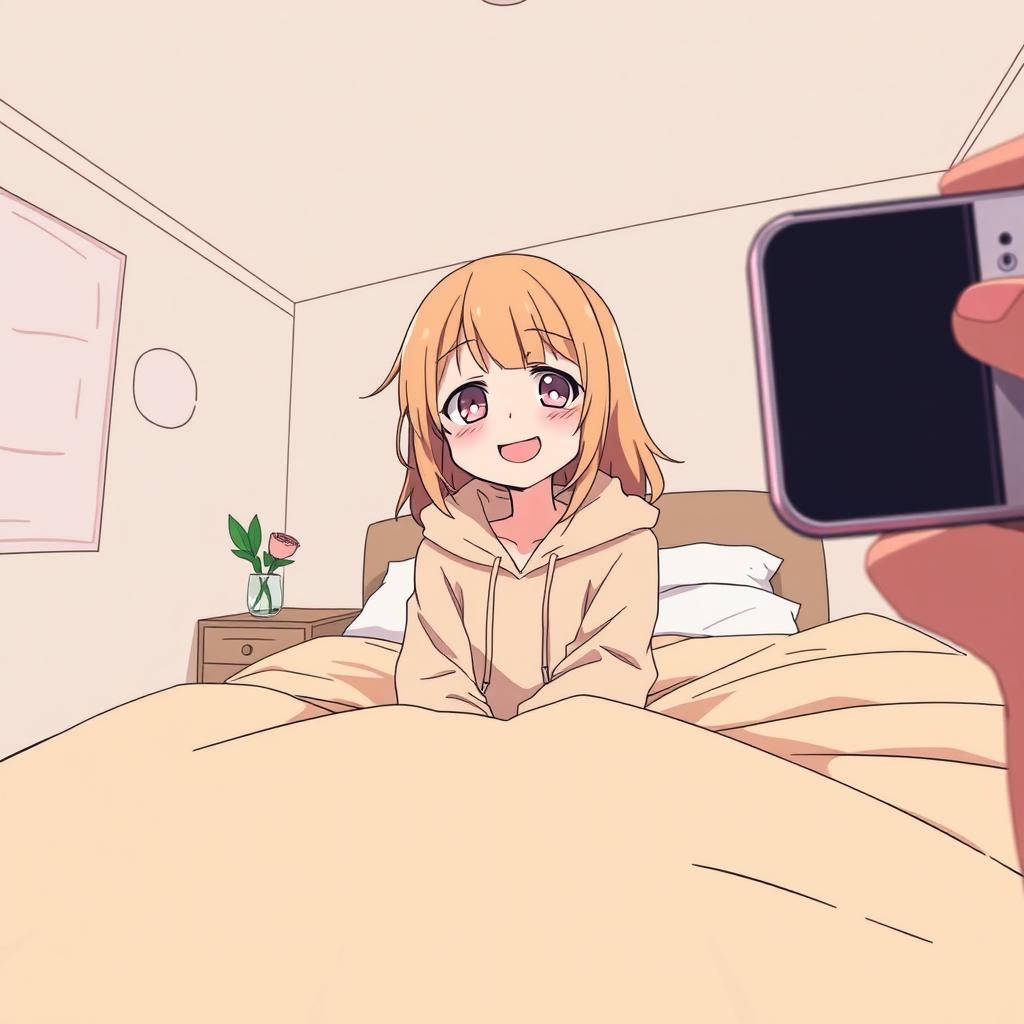 An anime-style scene with a simple drawing aesthetic, viewed from the perspective of a phone camera