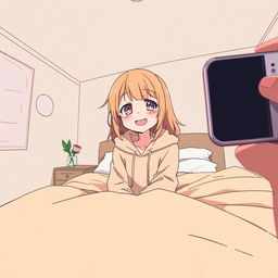 An anime-style scene with a simple drawing aesthetic, viewed from the perspective of a phone camera