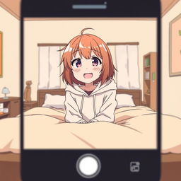 An anime-style scene with a simple drawing aesthetic, viewed from the perspective of a phone camera