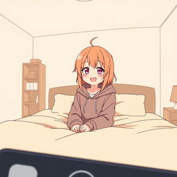 An anime-style scene with a simple drawing aesthetic, viewed from the perspective of a phone camera