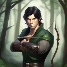 A high-quality digital art image depicts a male half-elf ranger with sleek black hair