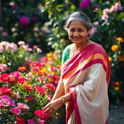 A middle-aged Indian woman with a warm and approachable demeanor, wearing a traditional saree that elegantly drapes around her