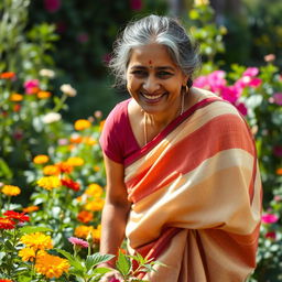 A middle-aged Indian woman with a warm and approachable demeanor, wearing a traditional saree that elegantly drapes around her